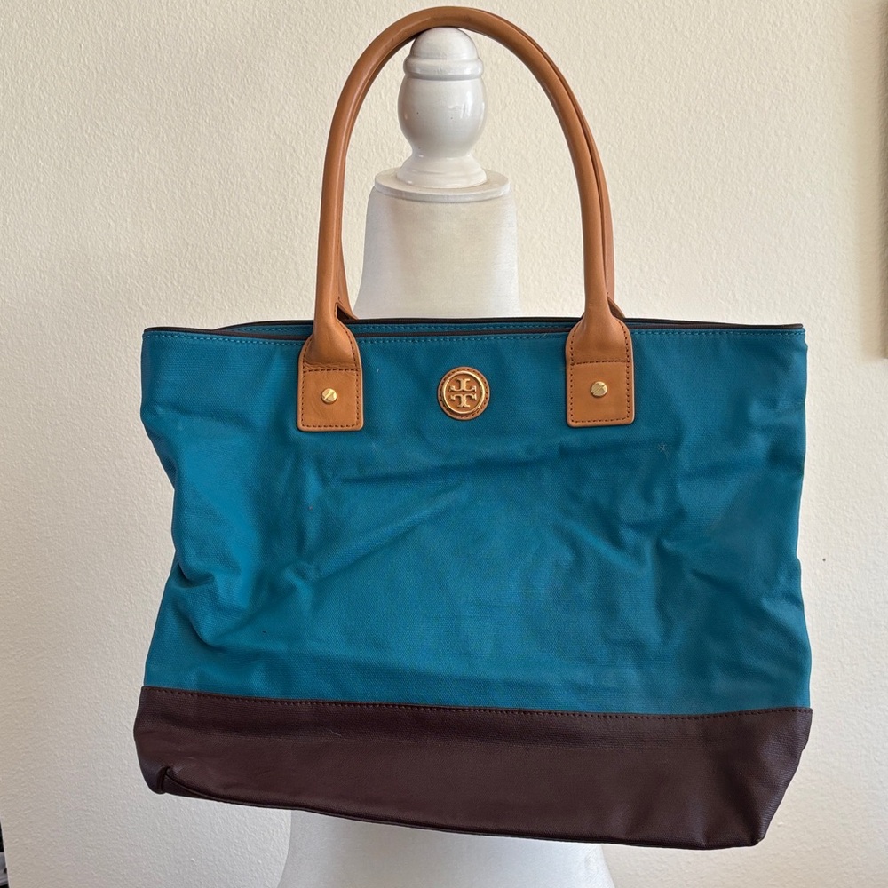 Tory Burch Teal Canvas Tote with Brown Base and Tan Handles